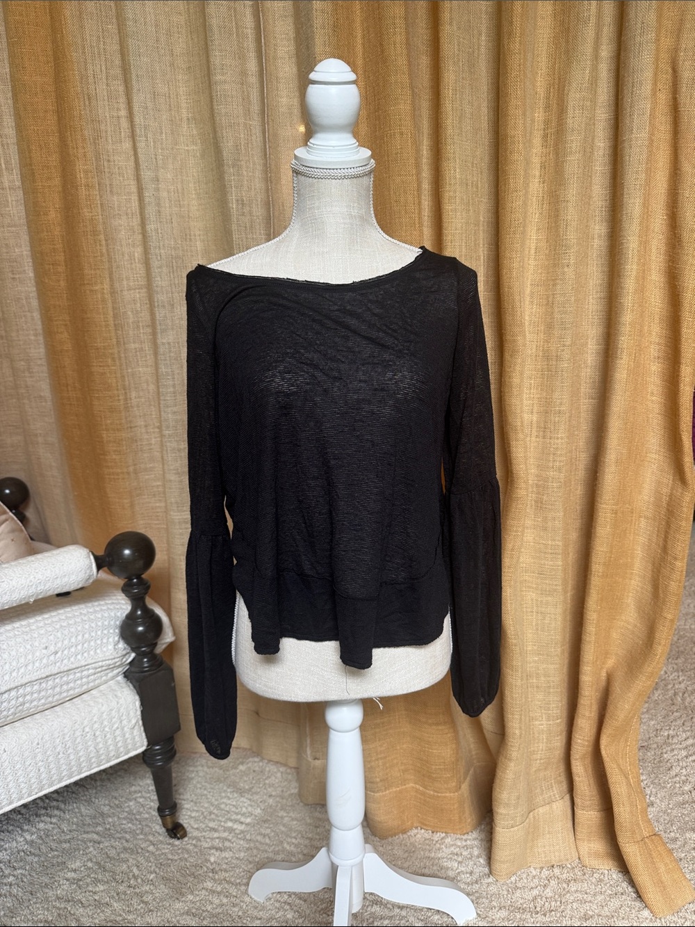 Free People Black Sheer Long-Sleeve Boatneck Top
